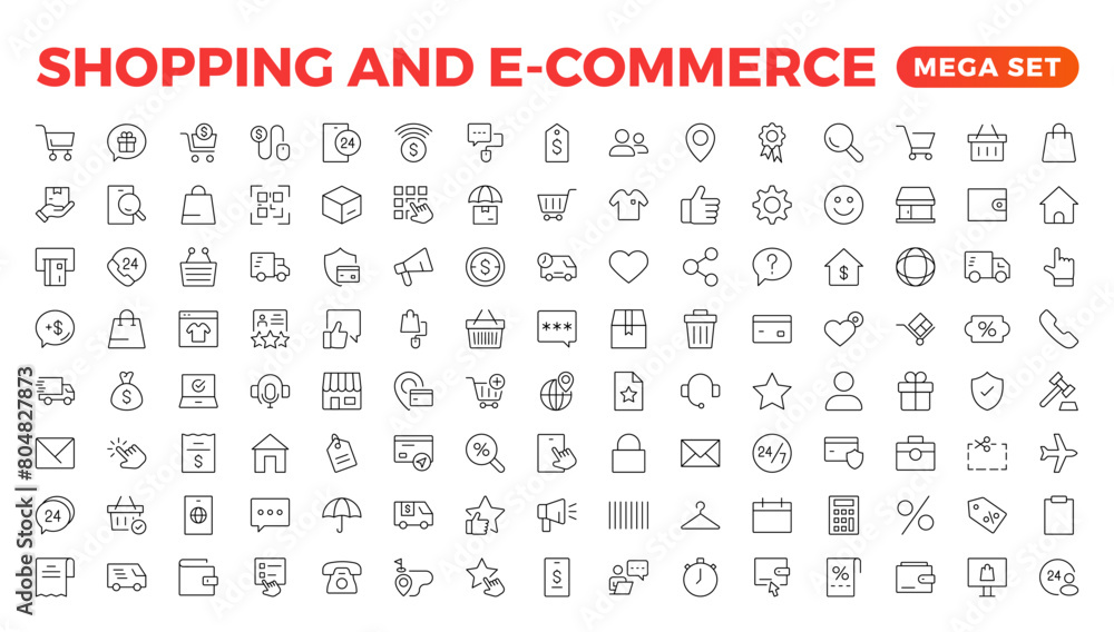 E-Commerce set of web icons in line style. Online shopping icons for web and mobile app. Business, mobile shop, digital marketing, bank card, gifts, sale, delivery. Vector illustration E-Commerce set of web icons in line style. Online shopping icons for web and mobile app. Business, mobile shop, digital marketing, bank card, gifts, sale, delivery. Vector illustration