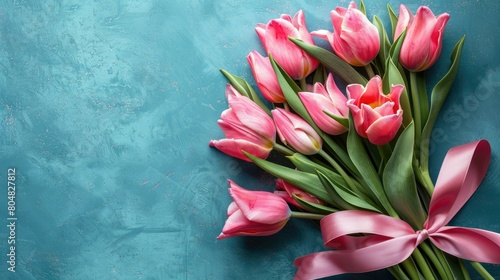A vertical photo featuring a stunning bunch of pink tulips adorned with a delicate satin ribbon set against a vibrant blue backdrop perfect for celebrating Mother s Day Easter or Valentine  photo