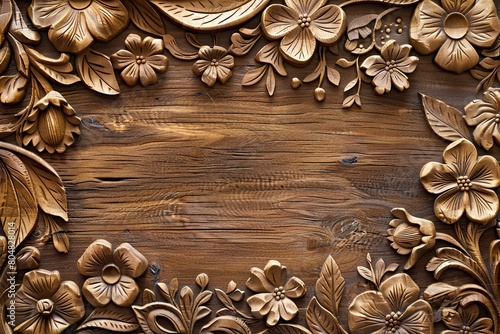 elegant wooden desktop background with beautiful floral carving 