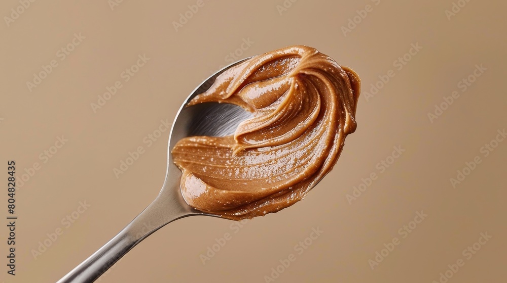 Fototapeta premium Elevated view of a perfectly smooth spoonful of nut butter, emphasizing texture and shine, with a clean background and professional studio lighting