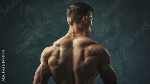 A muscular man with his back turned to the camera, showing off his well-developed back muscles.