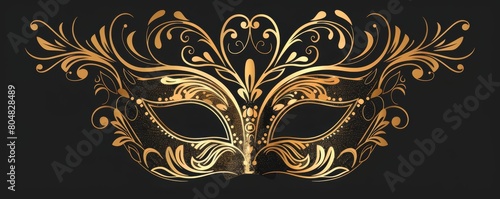 A golden eye mask for masquerade party festival isolated on black background with floral pattern art.	

