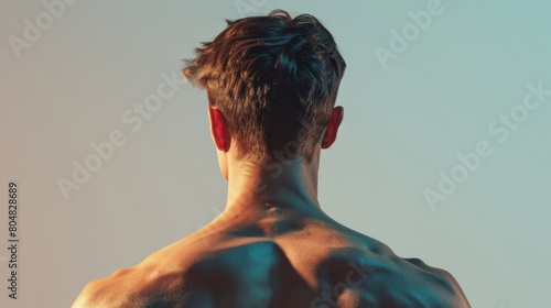 Back view of a muscular man with his hair styled and shirt off.
