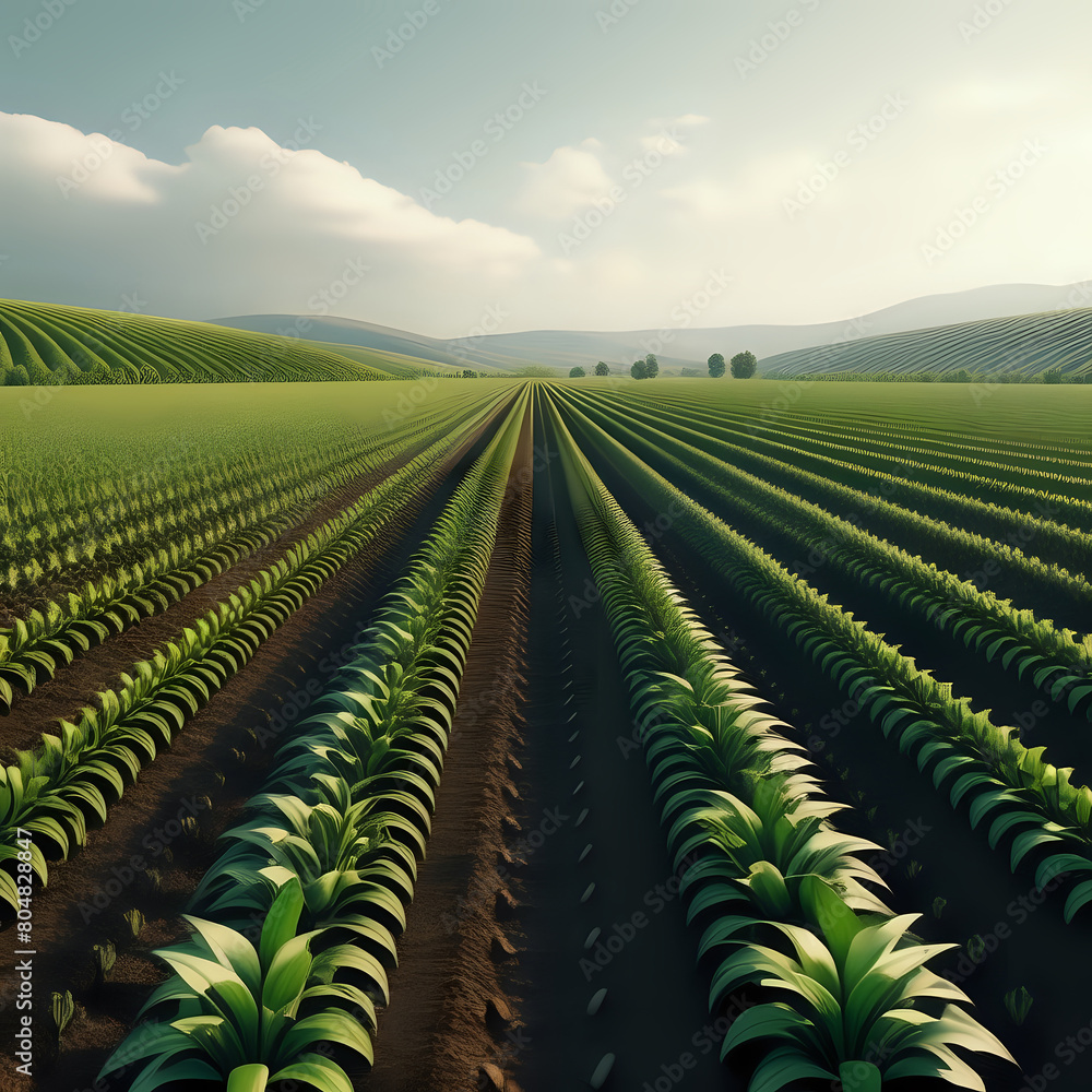 Fototapeta premium A sleek 3D agricultural scene, where rows of plants and intricate machinery come together in a modern layout - generated by ai