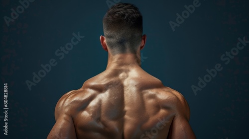 A muscular man with his back turned to the camera, showing off his well-developed back muscles. photo