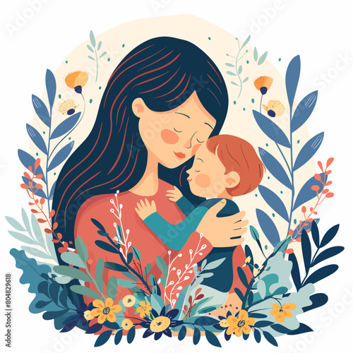 Vector Illustration Of Mother Holding Baby In Arms. Happy Mother s Day Greeting Card