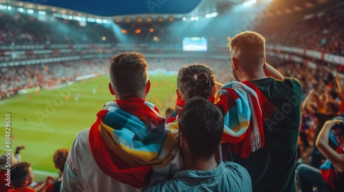 A group of friends are watching a soccer match at a stadium. photo