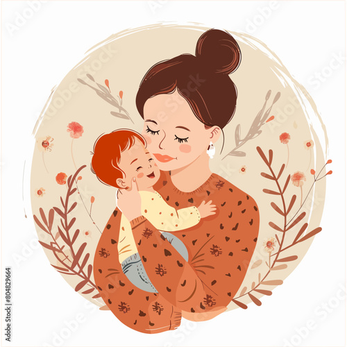 Vector Illustration Of Mother Holding Baby In Arms. Happy Mother`s Day Greeting Card photo