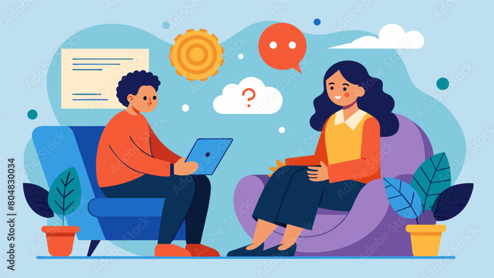 A CBT session with a client who has OCD where the the helps them create a structured plan to manage their rituals and thoughts.. Vector illustration A CBT session with a client who has OCD where the the helps them create a structured plan to manage their rituals and thoughts.. Vector illustration