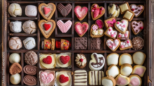 A wooden box filled with a delightful assortment of Valentine s Day treats and cookies awaits from rich chocolates and sweet candies to airy meringues fluffy marshmallows delicate linzer co