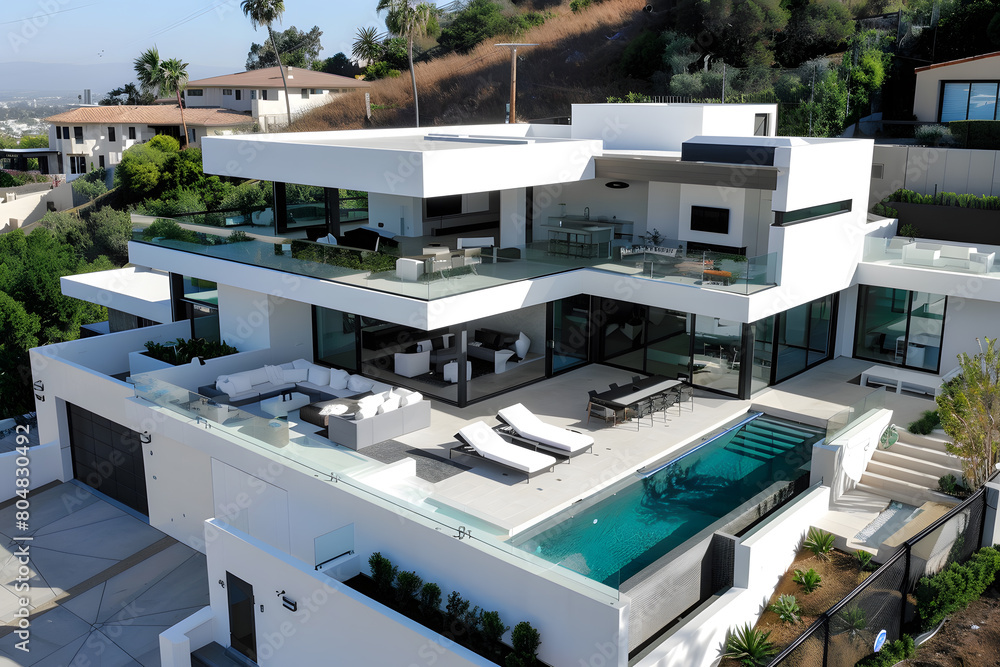 Modern contemporary illuminated house design exterior. Luxurious new construction home with panoramic windows, pool, patio Modern contemporary illuminated house design exterior. Luxurious new construction home with panoramic windows, pool, patio
