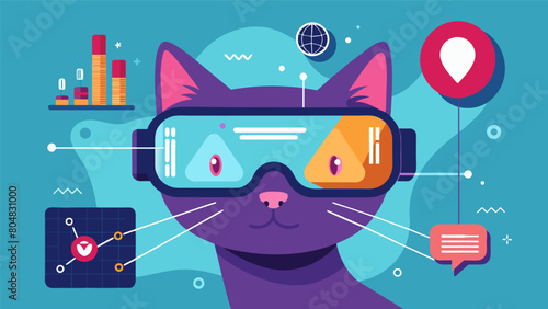 A virtual reality headset that allows owners to see what their cat sees as it prowls through the neighborhood while also displaying vital signs and. Vector illustration