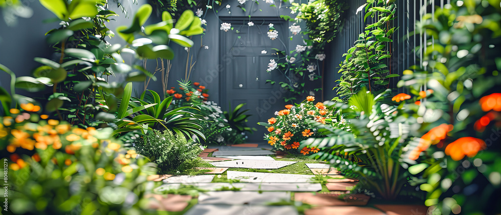 Obraz premium Quaint Garden Path Leading to a Wooden Gate, Lush Plants and Flowers Adorning the Landscape