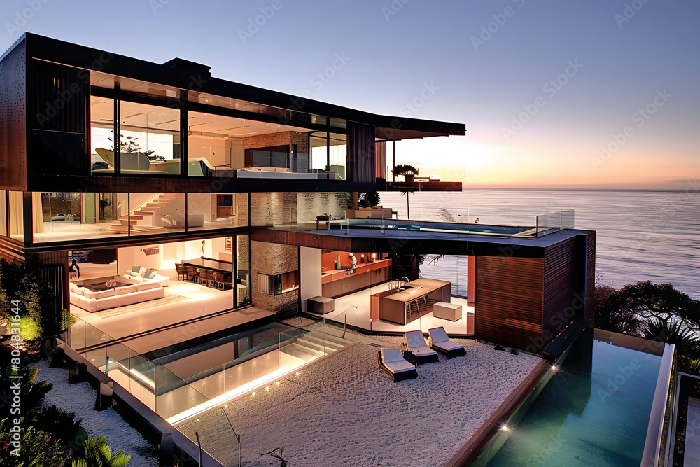 Fototapeta premium Modern contemporary illuminated house design exterior. Luxurious new construction home with panoramic windows, pool, patio