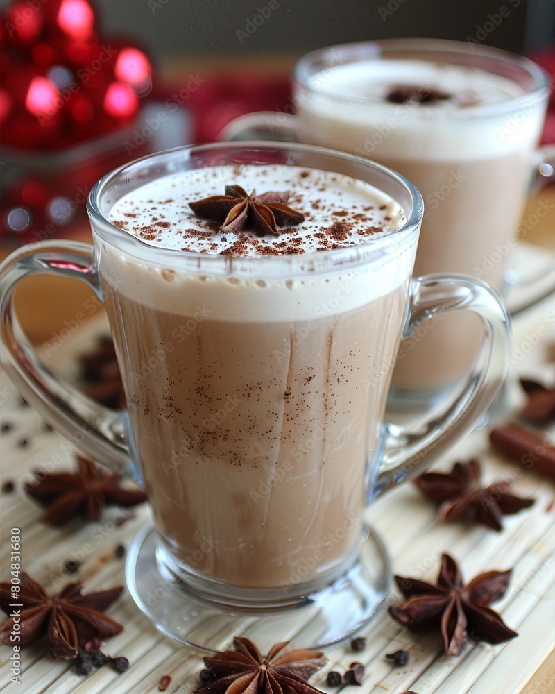 Two Glasses of Hot Chocolate Topped with Whipped Cream and Cinnamon in a Festive Setting Two Glasses of Hot Chocolate Topped with Whipped Cream and Cinnamon in a Festive Setting