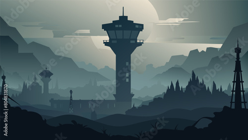 The control towers sinister silhouette is often the only thing visible in the foggy fearfilled nights serving as a constant reminder of the oppressive.