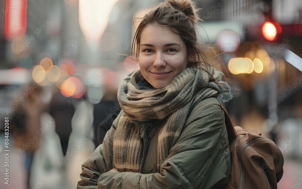 A beautiful businesswoman stands on the street of financial district, smiling at the camera, wearing a warm jacket and scarf. atmosphere of busy city life. lively urban vibe. generative AI