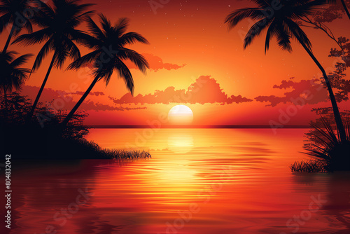 Illustration of a sunset over an island with palm trees  reflecting on calm waters