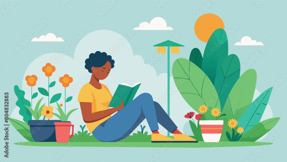 Fototapeta premium A person spending a lazy afternoon in their backyard reading a book and occasionally pausing to check on and care for their outdoor plants and.