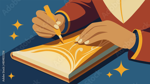 With painstaking precision the books delicate gilded edges are retouched restoring their shimmering beauty.. Vector illustration