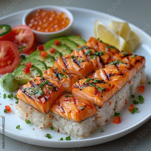 a plate of grilled salmon, served with slices of avocados, cti