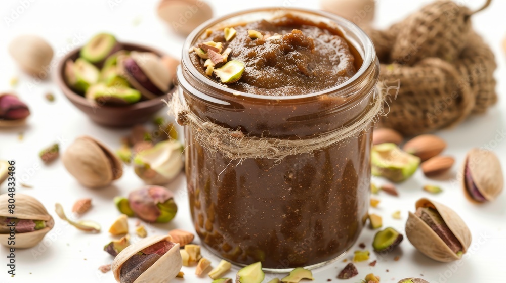 Artistic depiction of a jar of tasty nut paste, surrounded by scattered pistachios, ideal for gourmet food advertising, pure white backdrop, studio lights Artistic depiction of a jar of tasty nut paste, surrounded by scattered pistachios, ideal for gourmet food advertising, pure white backdrop, studio lights