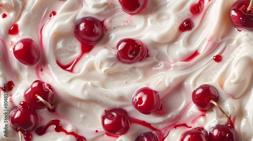 Artistic close-up of organic yogurt with fresh cherry jam, showcasing smooth and shiny texture, designed for commercial use, isolated background