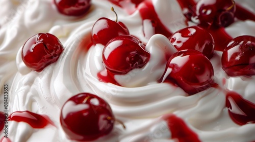 Artistic close-up of organic yogurt with fresh cherry jam, showcasing smooth and shiny texture, designed for commercial use, isolated background