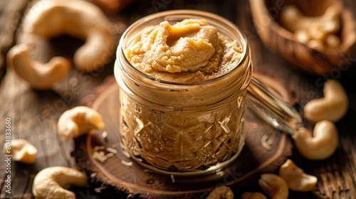 Artistic close-up of a glass jar filled with organic cashew nut paste, wooden accents, under high-definition studio lights