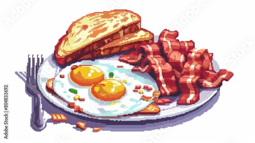 A pixel art rendition of a classic breakfast scene with sunnysideup eggs, bacon, and toast photo