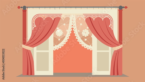 A pair of vintage lace curtains is repurposed as a stunning backdrop for the ceremony adding a touch of elegance to the thrifted wedding.. Vector illustration