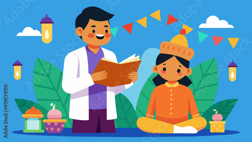 A mentor and mentee attending a cultural event learning about and celebrating different traditions and customs.. Vector illustration