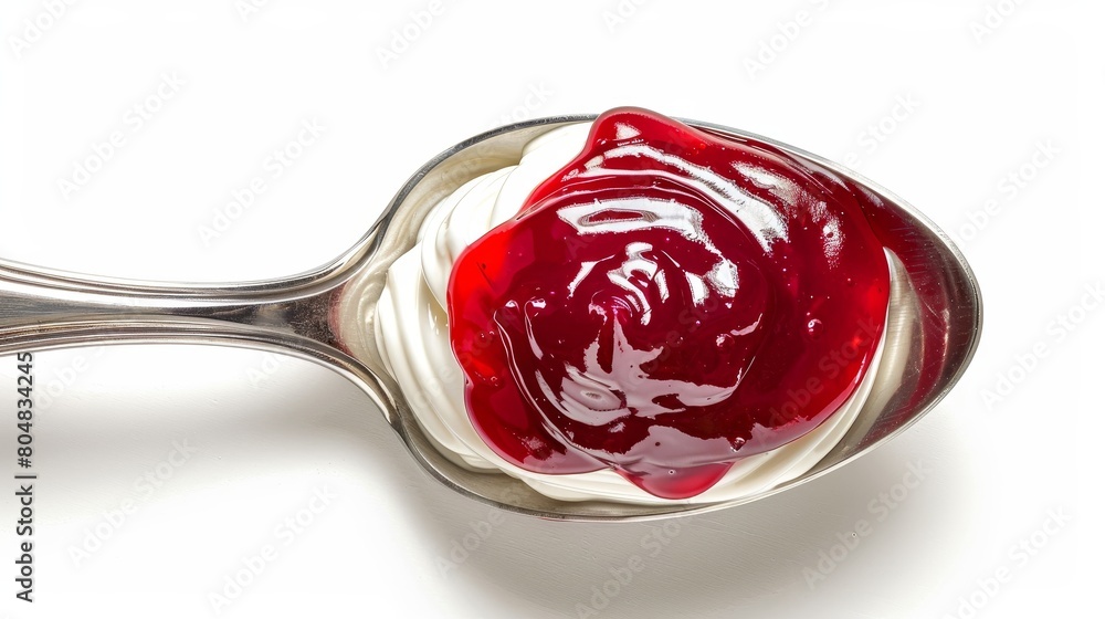 Aerial shot of a gleaming spoonful of creamy yogurt and vibrant jam, emphasizing texture and sheen, isolated on a stark white background, perfect for ads Aerial shot of a gleaming spoonful of creamy yogurt and vibrant jam, emphasizing texture and sheen, isolated on a stark white background, perfect for ads