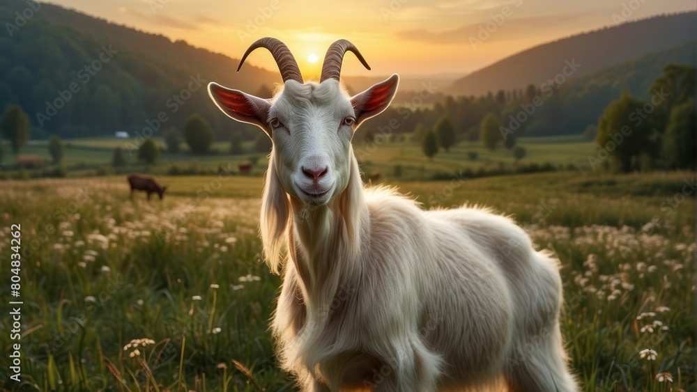 Obraz premium Serene goat in a field at sunset with warm, golden tones
