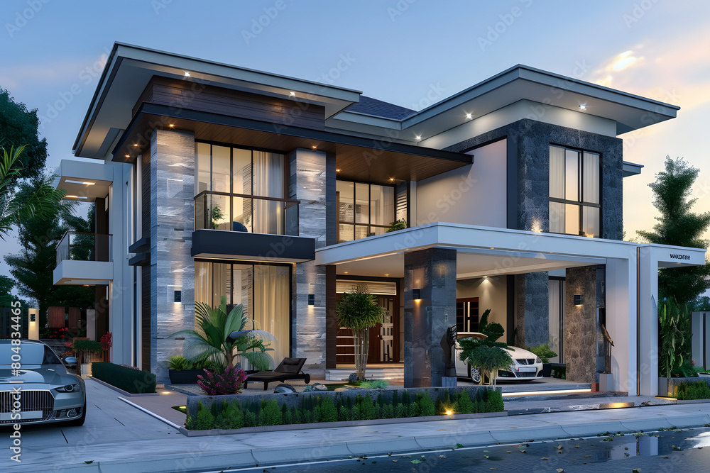 Modern contemporary illuminated house design exterior. Luxurious new construction home with panoramic windows, pool, patio