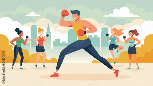 An energetic instructor leads a group in a highenergy kickboxing workout the sound of gloves hitting pads echoing through the park.. Vector illustration