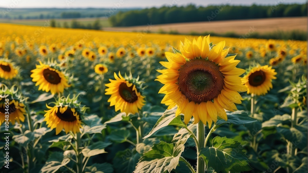 Fototapeta premium Bright sunflowers in a field under a sunny blue sky
