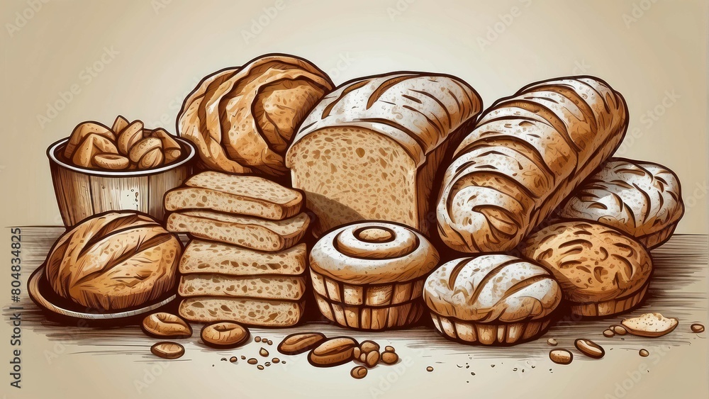 Illustration of a variety of bread in warm tones Illustration of a variety of bread in warm tones