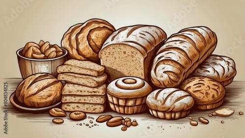 Illustration of a variety of bread in warm tones © Kumblack