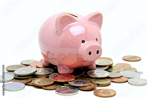 piggy bank full of coins on a white background. Deposits, savings money for education, health, housing.