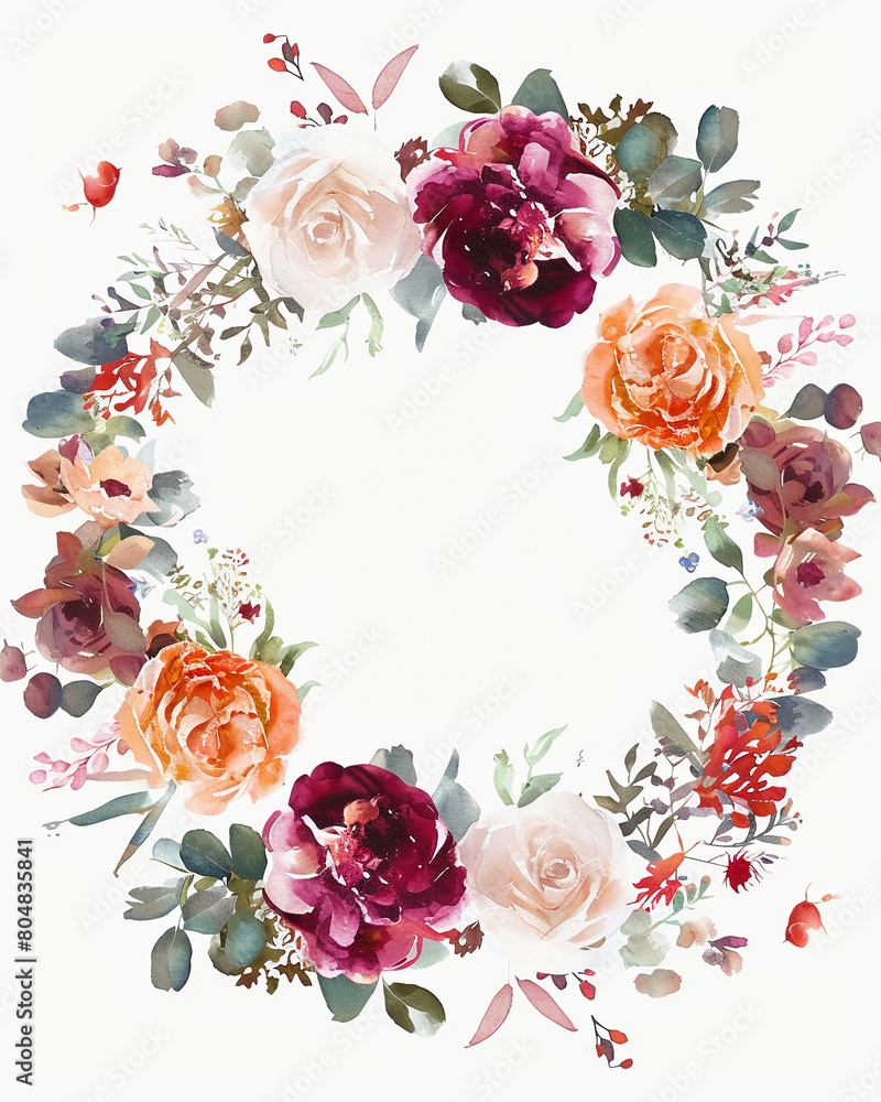 watercolor Blank white spec on beautiful floral wreath wedding invitation card template.