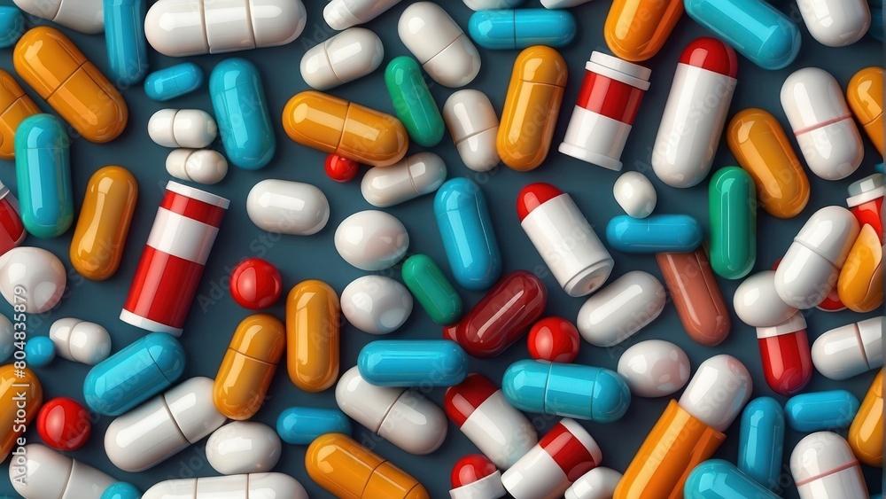 Various colorful pills and capsules on a teal background Various colorful pills and capsules on a teal background