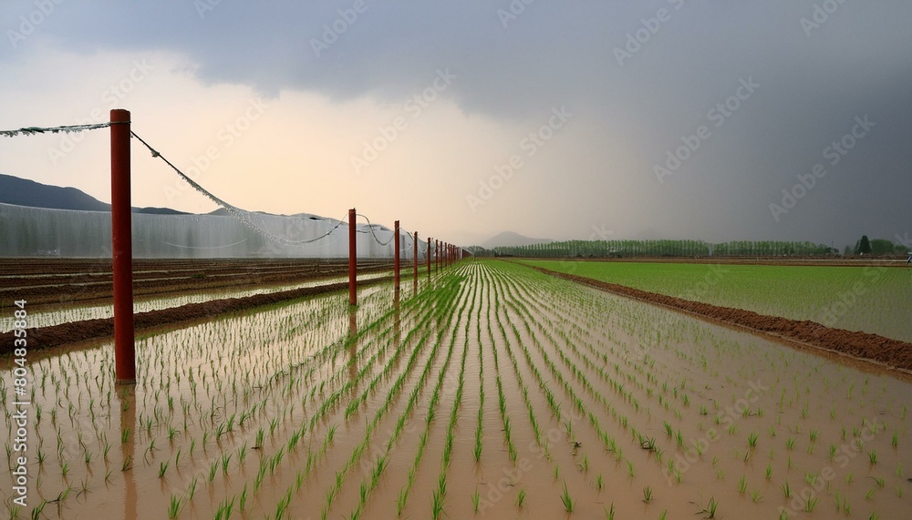 Rice fields, seedlings, rain in China