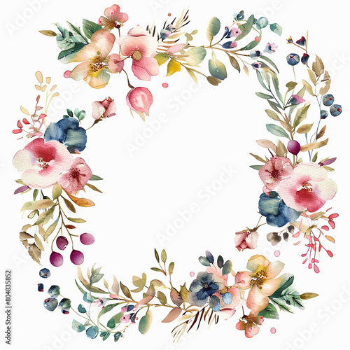 watercolor Blank white spec on beautiful floral wreath wedding invitation card template.