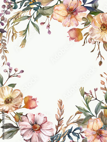 watercolor Blank white spec on beautiful floral wreath wedding invitation card template.