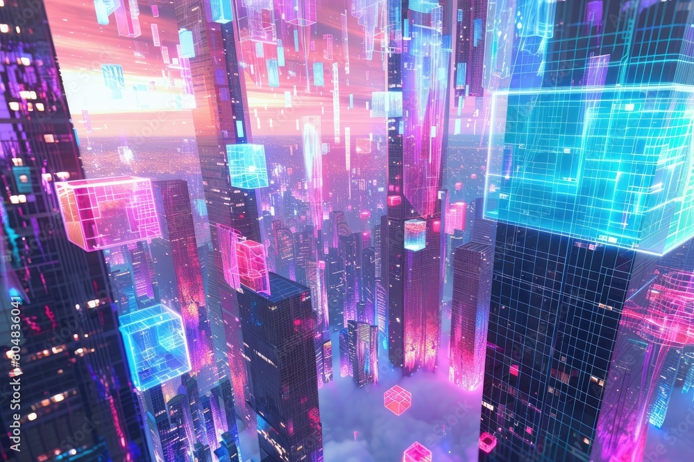 Abstract 3d rendering of futuristic city with glowing neon lights. Futuristic cityscape.