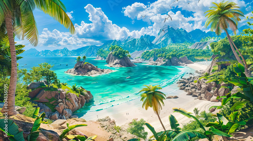 Scenic Tropical Beach with Rocky Shore and Lush Palm Trees, Serene Blue Seascape in the Seychelles