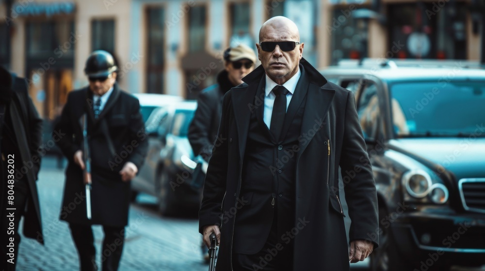 A mafia boss escorted by his bodyguards through a public event, power and danger emanating from the entourage A mafia boss escorted by his bodyguards through a public event, power and danger emanating from the entourage