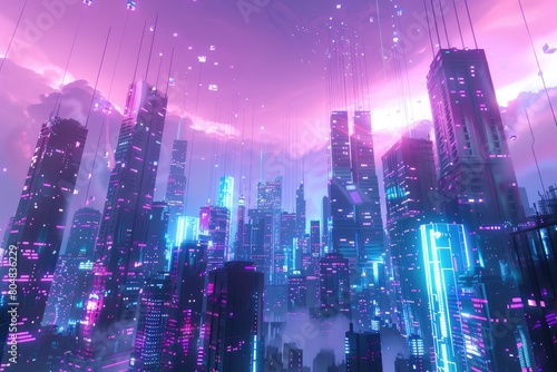 Abstract 3d rendering of futuristic city with glowing neon lights. Futuristic cityscape.