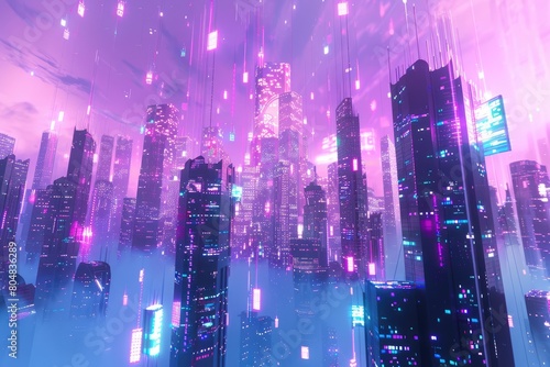 Abstract 3d rendering of futuristic city with glowing neon lights. Futuristic cityscape. © MrHamster